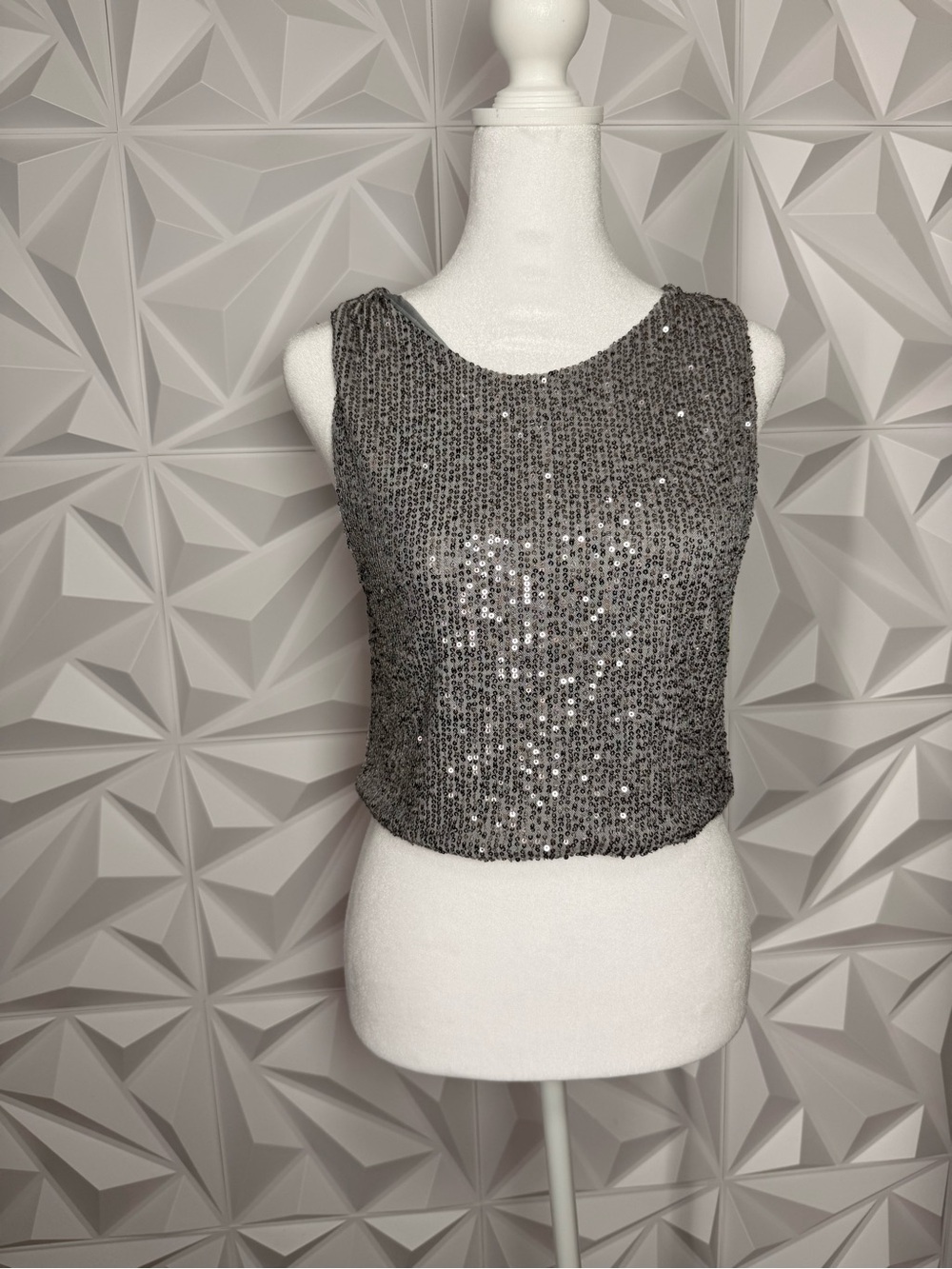 Wish Silver Sequin Cropped Tank Top